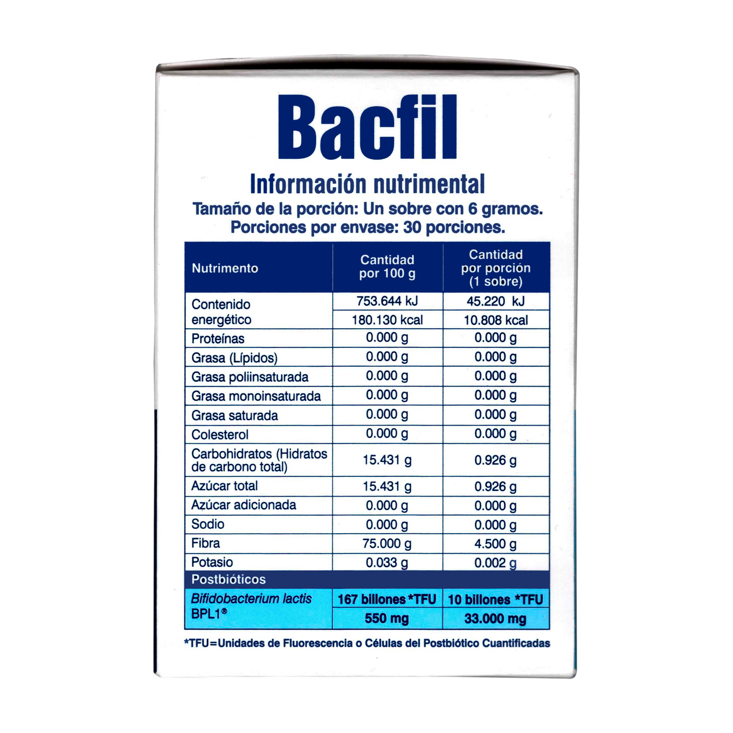 BACFIL SUPLEMENTO ALIMENTICIO CON 30 SOBRES